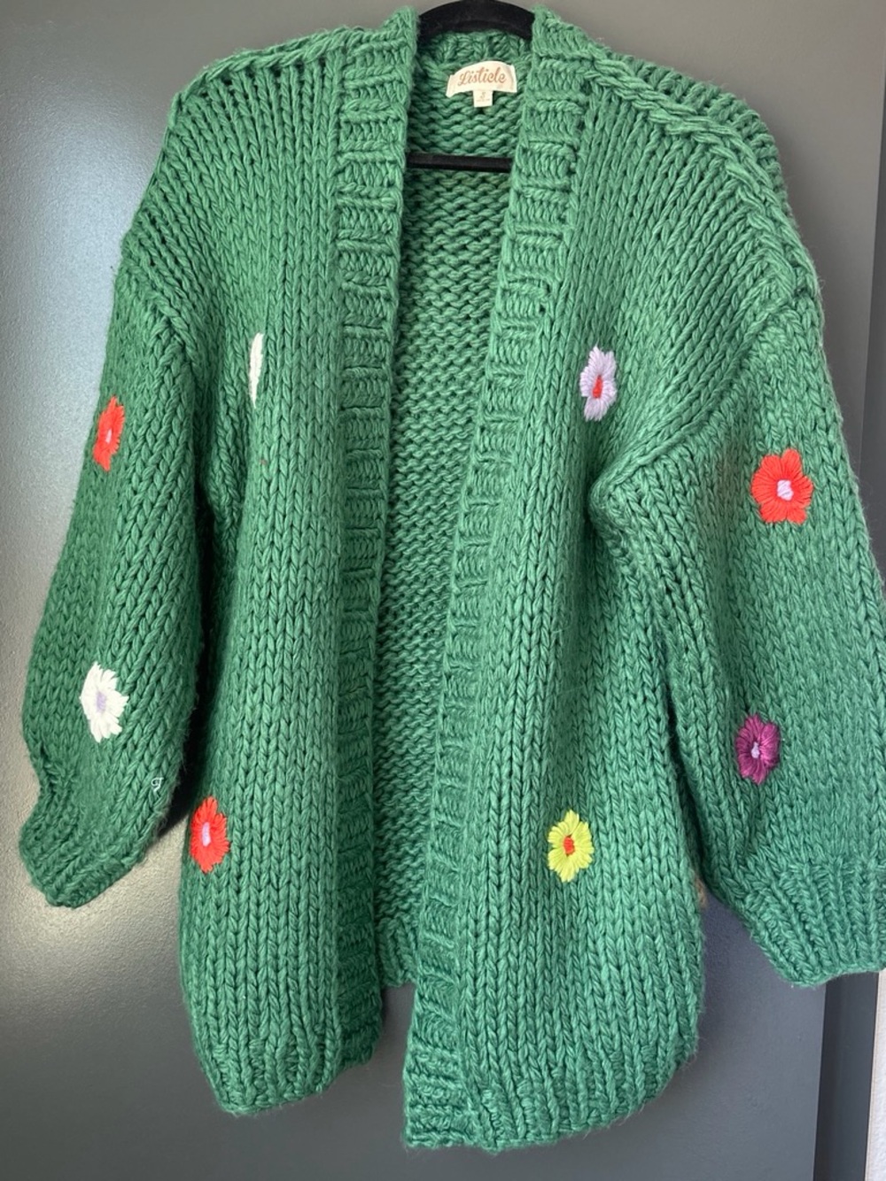 Listicle Green Chunky Knit Cardigan with Multicolor Flower Embroidery
